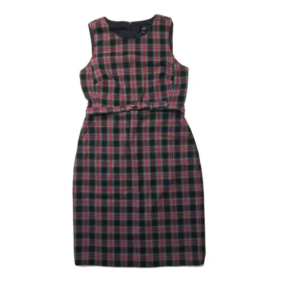 NWT J.Crew Belted Sheath Dress in Red Green Multi Black Steward Tartan Dress 16T
